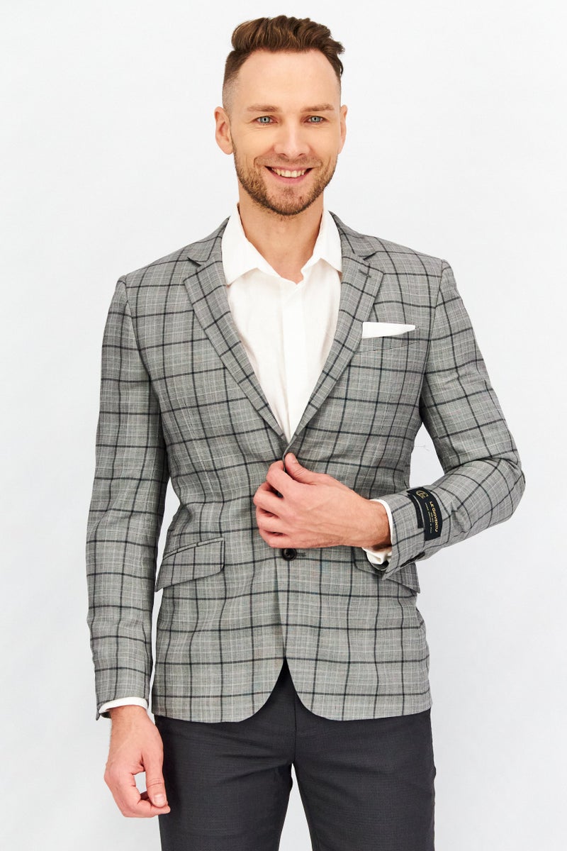 SELECTED Men Slim Fit Windowpane Formal Blazer, Grey - Image 1