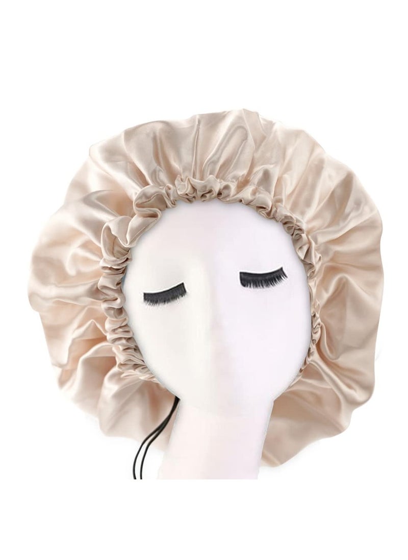 Edoneery - Satin Bonnet Silk Bonnet for Curly Hair Bonnet Braid Bonnet for Sleeping Bonnets for Women Large Double-Layer Adjustable Champagne - Image 1