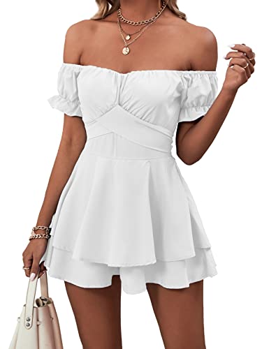 LYANER Women's Off the Shoulder Wrap Tie Up Back Ruffle Trim Short Sleeve Romper Short Jumpsuit White Medium - Image 1