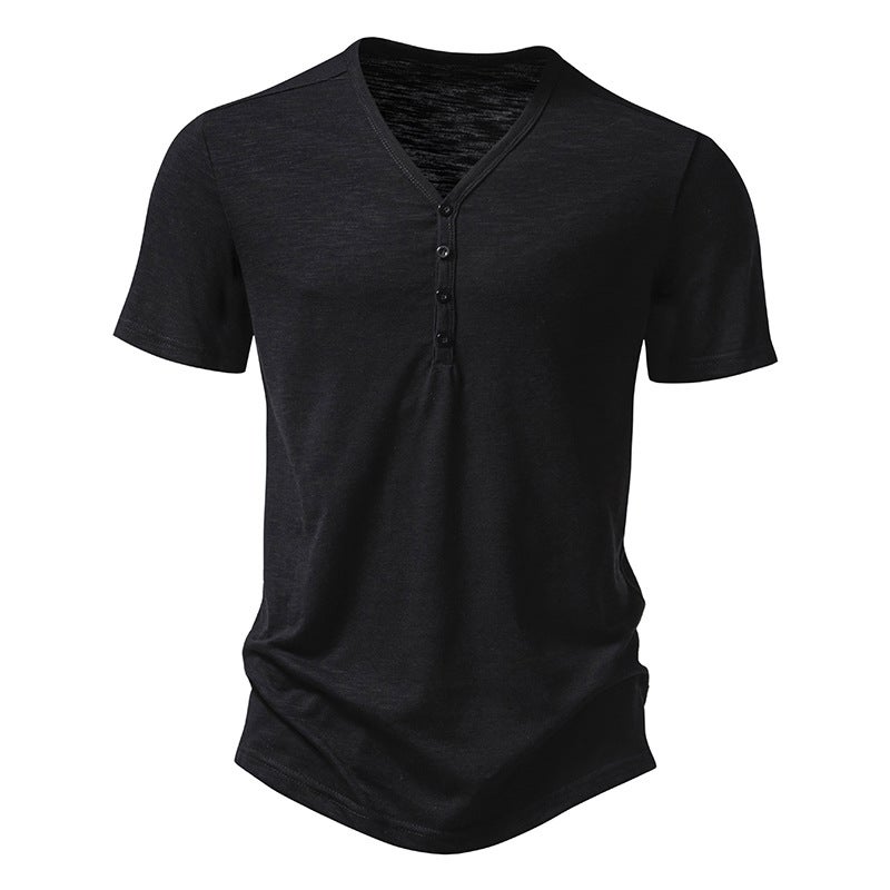 new four button men''s V-neck bamboo short sleeve T-shirt 012P30 - Image 1