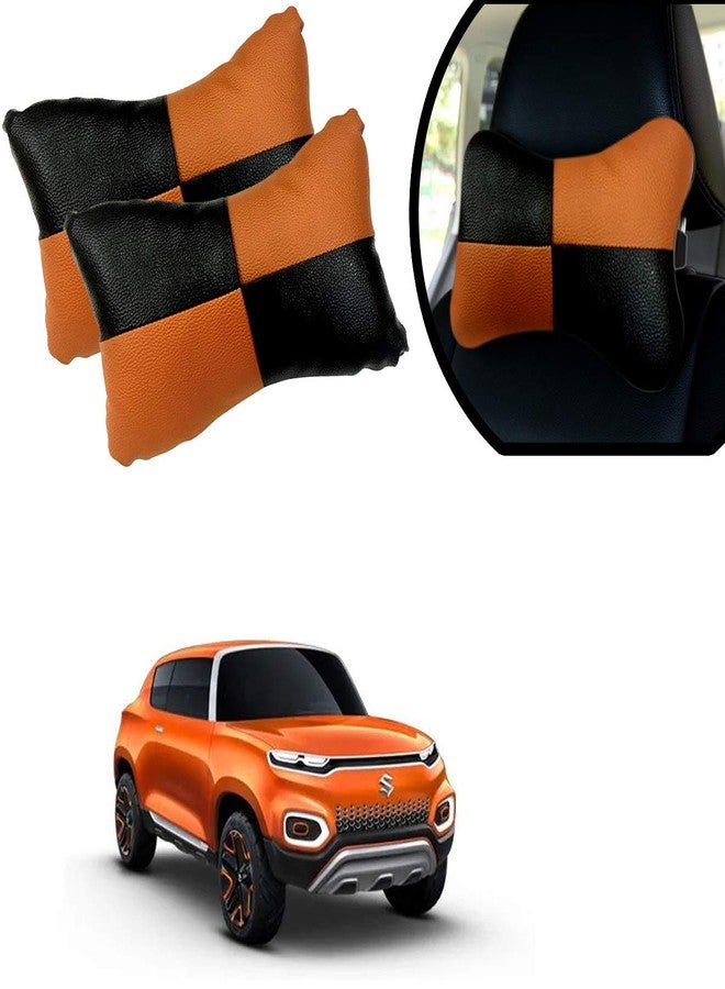 Adroitz Orange Universal Neck Rest Pillow Faux Leather Material in Check Design for All Cars_675 - Image 1