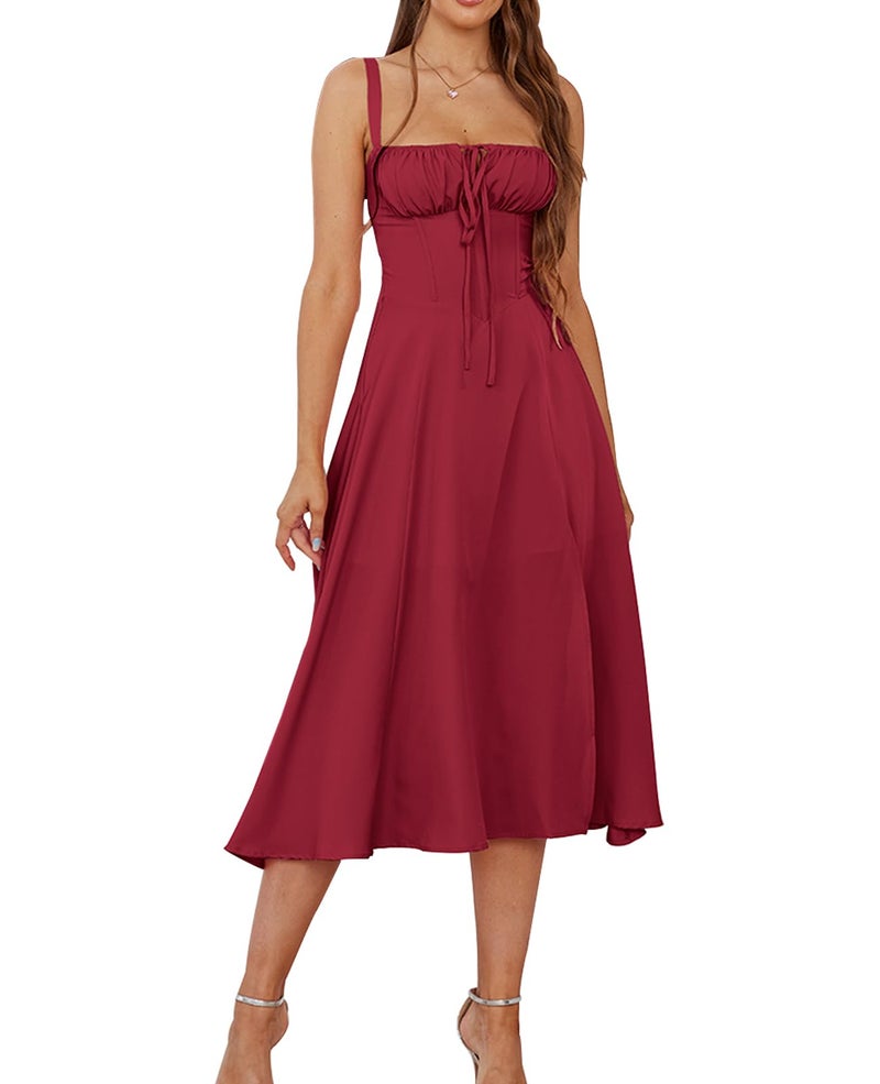 GLNEGE Women Summer Corset Midi Dress 2026 Floral Wedding Guest Flowy Slit Lace Up Dresses Tea Party A Line Casual Milkmaid Sundress Solid Red - Image 1