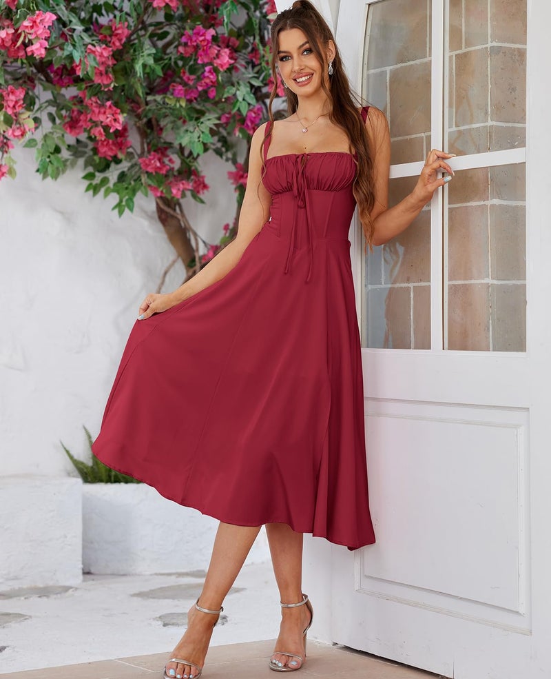 GLNEGE Women Summer Corset Midi Dress 2026 Floral Wedding Guest Flowy Slit Lace Up Dresses Tea Party A Line Casual Milkmaid Sundress Solid Red - Image 5