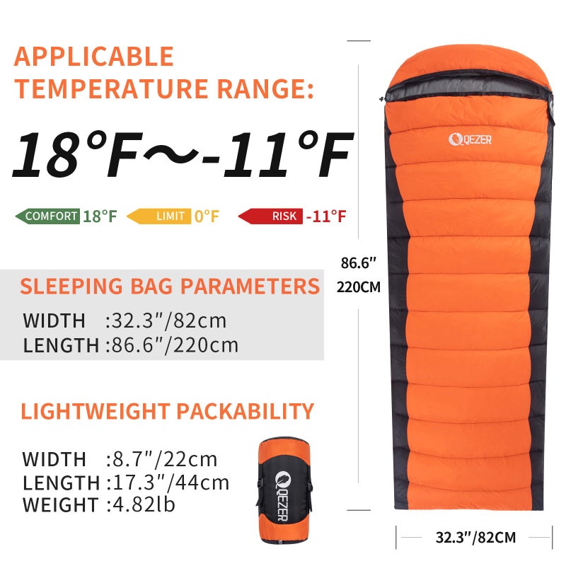 Qezer Down Sleeping Bag For Adults  600 Fill Power For Cold Weather. Ultralight With Compression Sack  Ideal For Backpacking  Camping & Hiking - Image 2