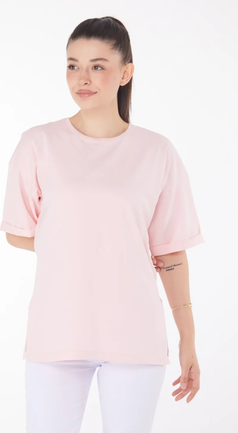Tofisa Plain Crew Neck Women's Pink T-Shirt - 25850