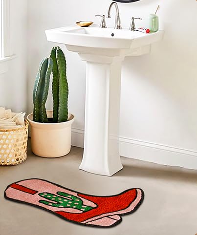 BIEN BEAU Cowboy Boot Bath Mat - 33"" x 20"" Western Boot Shaped Rug with Pink  Rust  and Green Cactus Design - Cowgirl Wall Decor - Water Absorbent  Non-Slip  and Machine Washable  - Image 1