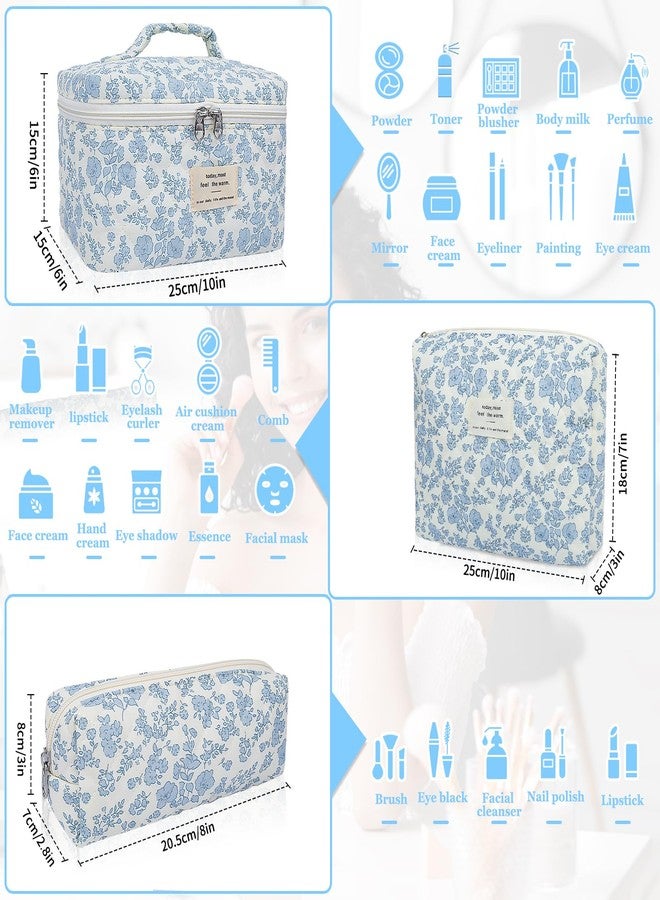 Gosect طقم حقائب مكياج من 3 قطع من جوسيكت، طقم حقائب مكياج مبطنة، حقيبة مستحضرات تجميل كبيرة مزينة بالزهور للنساء، حقائب مكياج قطنية لطيفة، حقيبة منظم أدوات تجميل للسفر مزينة بالزهور (مربعات) - Image 2
