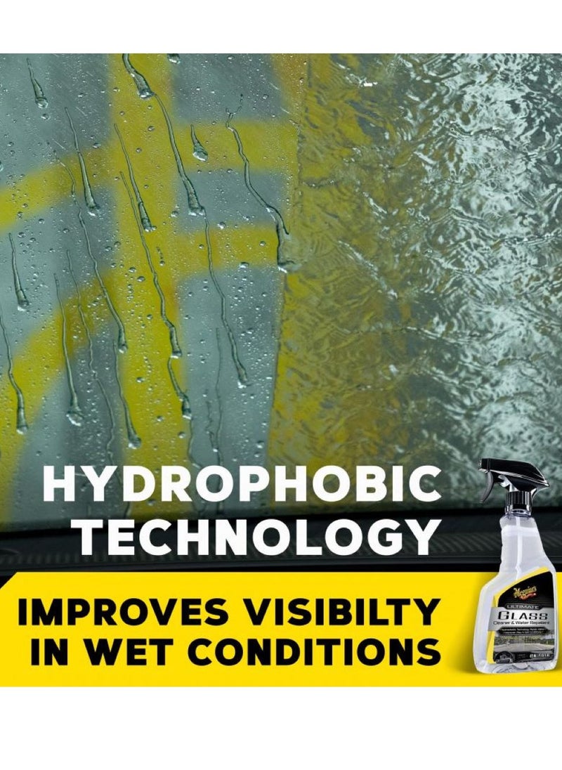 Meguiars - Ultimate Glass Cleaner & Water Repellent - Premium Glass and Window Cleaner for Quick Cleaning with Hydrophobic Technology that Acts as a Rain Repellent Improving Visibility in Rain, 16oz - Image 1