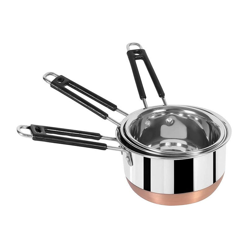 Devera Stainless Steel Copper Bottom Sauce Pan Flat Base Tea Milk Coffee Tapeli Patila Pot Bhagona Cookware with Handle Pan Induction Saucepan Tea Cookware 1000 ml 1500 ml 2000 ml 3 Piece Set of 3 - Image 1
