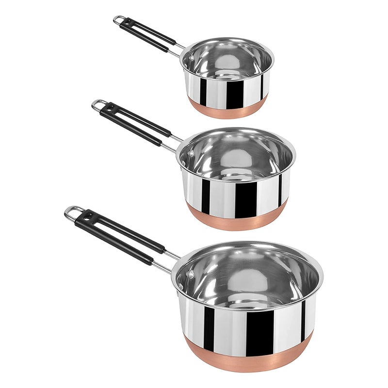 Devera Stainless Steel Copper Bottom Sauce Pan Flat Base Tea Milk Coffee Tapeli Patila Pot Bhagona Cookware with Handle Pan Induction Saucepan Tea Cookware 1000 ml 1500 ml 2000 ml 3 Piece Set of 3 - Image 3
