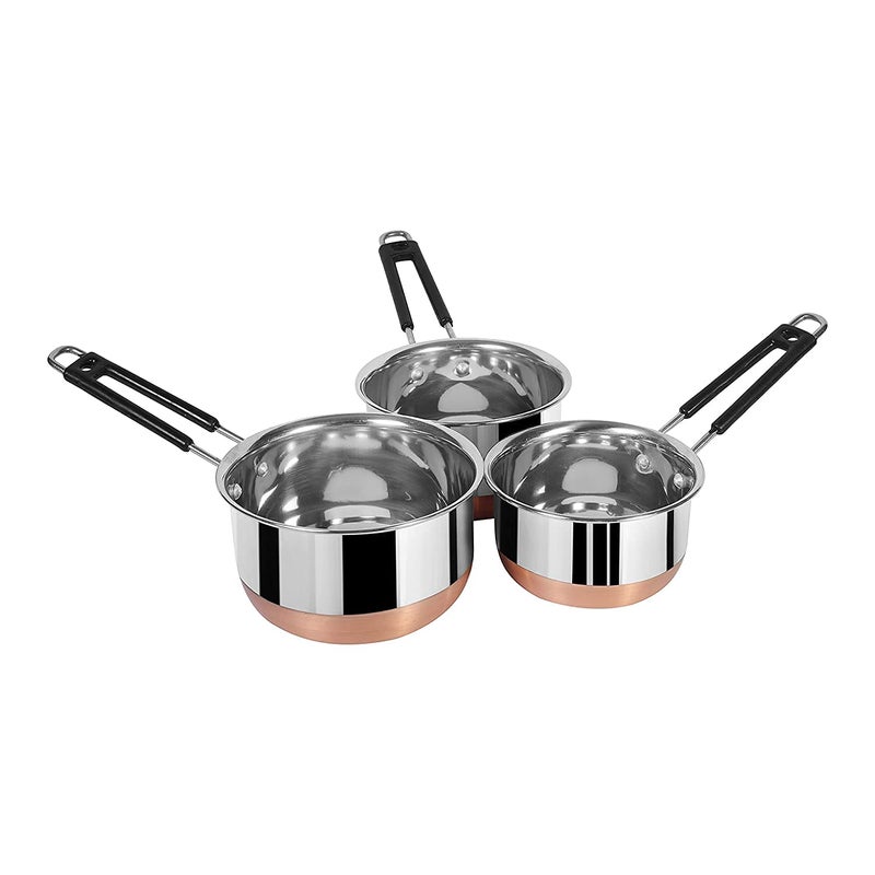 Devera Stainless Steel Copper Bottom Sauce Pan Flat Base Tea Milk Coffee Tapeli Patila Pot Bhagona Cookware with Handle Pan Induction Saucepan Tea Cookware 1000 ml 1500 ml 2000 ml 3 Piece Set of 3 - Image 2