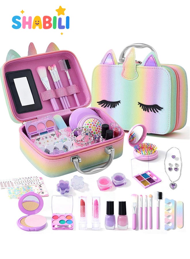 SHABILI Kids Makeup Kit for Girls Aged 8+, Unicorn Makeup Bag with Real Makeup, Nail Polish, Lipstick for Pretend Play, Princess Birthday Gift, Early Learning Cosmetic Set, Portable Travel Case (Multicolor) - Image 1