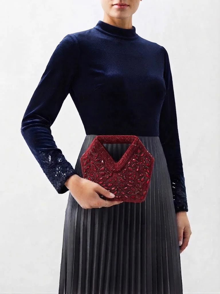 Viny red Viny Women's Crystal Beaded Clutch Bag – Triangular Cut-Out Handle with Detachable Chain Strap for Women | Best Price UAE