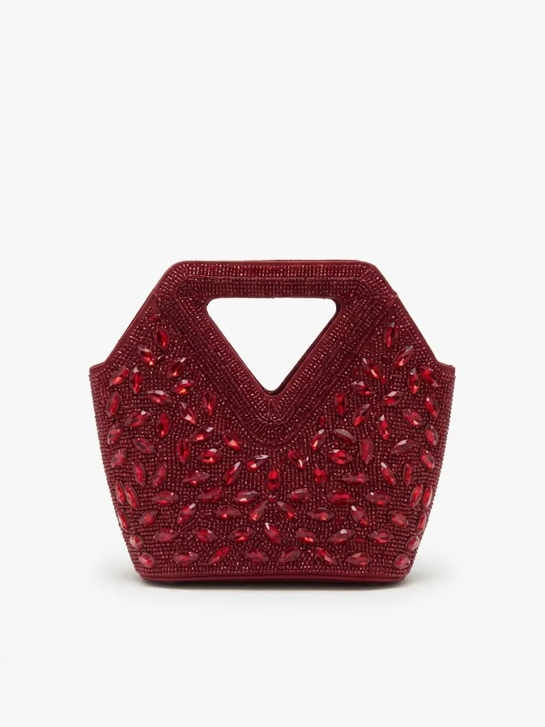 Viny Women's Crystal Beaded Clutch Bag – Triangular Cut-Out Handle with Detachable Chain Strap