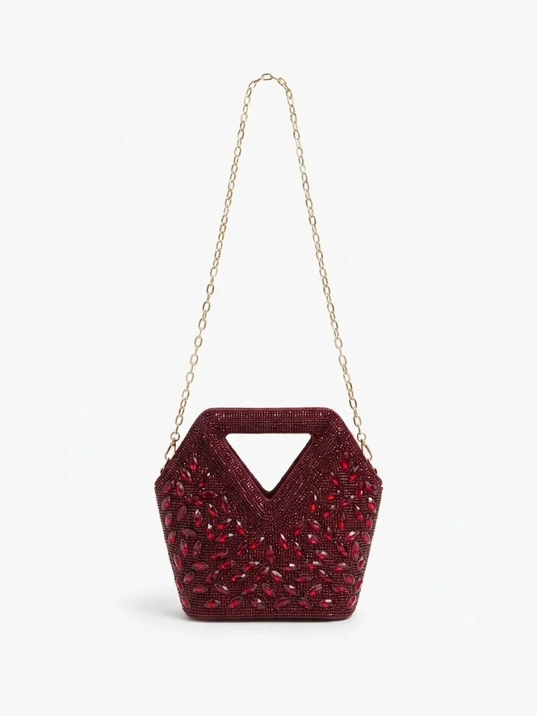Viny red Viny Women's Crystal Beaded Clutch Bag – Triangular Cut-Out Handle with Detachable Chain Strap for Women | Best Price UAE