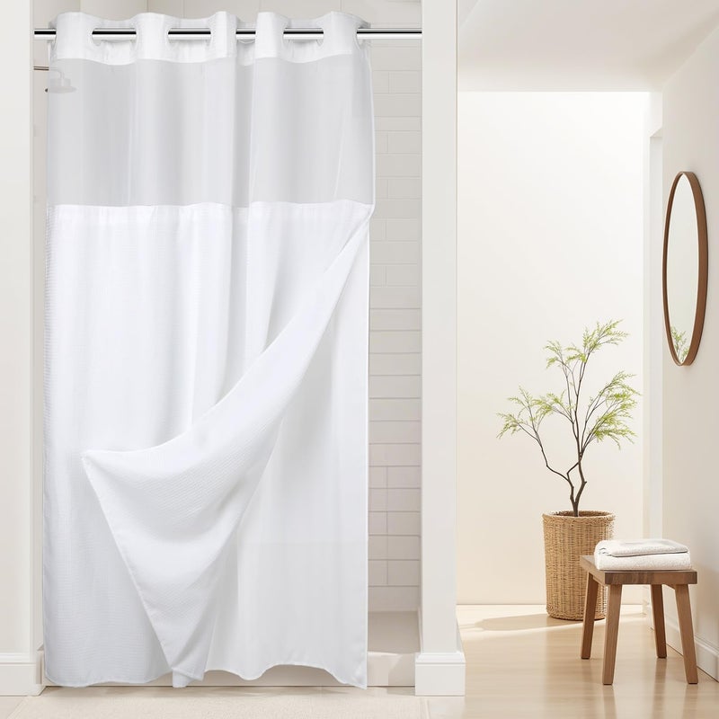 Heavyweight No Hooks Required Dotted Waffle Weave Shower Curtain with Snap in Liner Stall 54W x 80HHotel GradeSpa Like Bath CurtainWhite