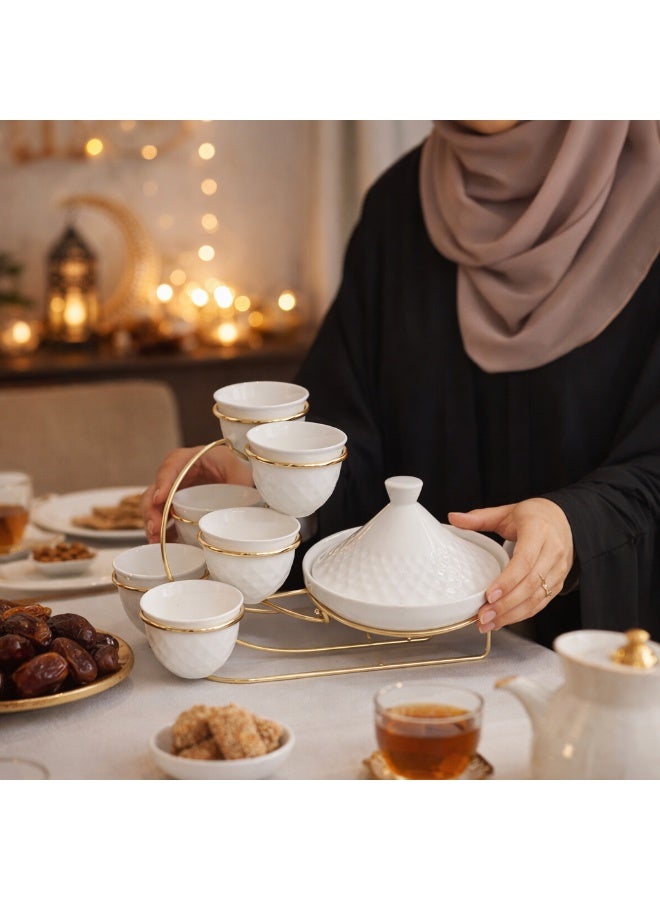 طقم تقديم وجبات خفيفة وصلصات من السيراميك بتصميم عربي مع حامل ذهبي – طقم أوعية مقبلات من 7 قطع مع وعاء صلصة بتصميم الطاجين لتقديم المكسرات والتمر والصلصات لمجالس رمضان - Image 3