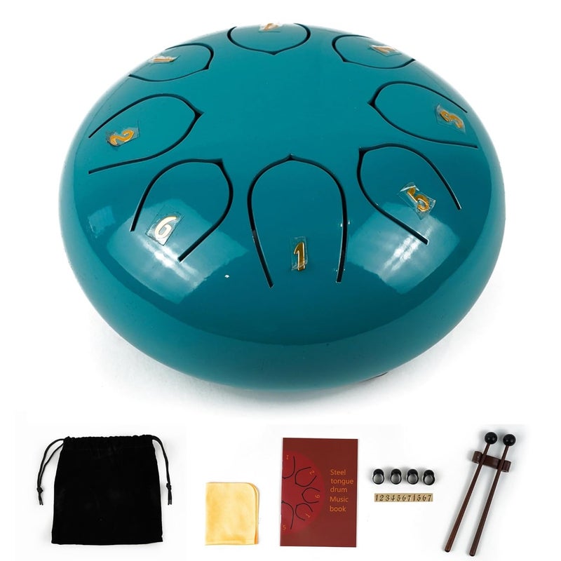 Regis 8 Notes 6 Inch Eastern Blue Alloy Steel Tongue Drum – Handpan Percussion Drum for Kids & Adults, Meditation, Yoga, Music Therapy – Includes Mallets, Finger Picks & Travel Bag – Eastern Blue - Image 1
