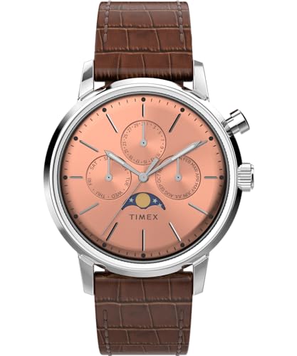 Timex Men's Marlin Moon Phase 40mm Watch - Brown Strap Rose Gold-Tone Dial Stainless Steel Case - Image 1