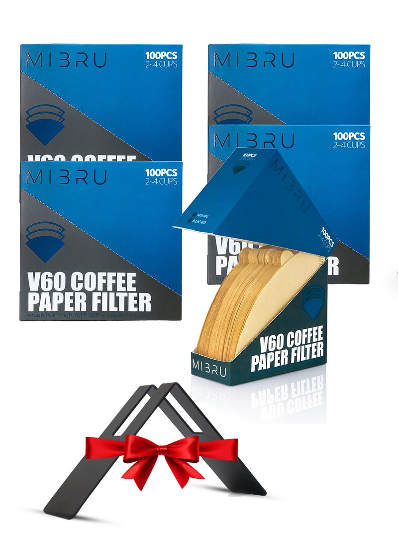 MIBRU طقم فلاتر قهوة ورقية 500 قطعة V60 مقاس 02 بني مع حامل فلتر القهوة معدني