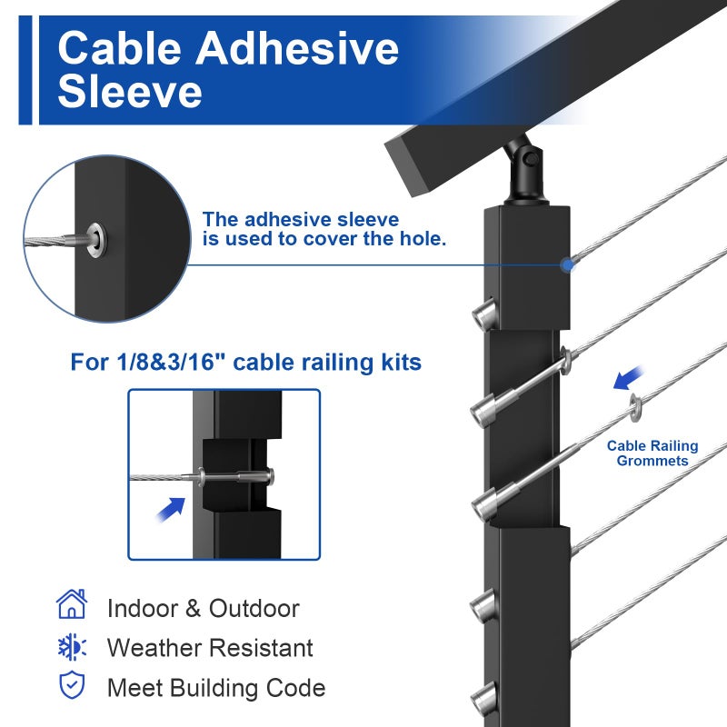 BLIKA 60Pack Cable Railing Adhesive Sleeves for 1/8" 5/32" 3/16" Wire Rope Cable, T316 Stainless Steel, 2.8mm Thickness Cable Railing Protector Adhesive Sleeves for Deck Stair Cable Railing Post Kits - Image 4