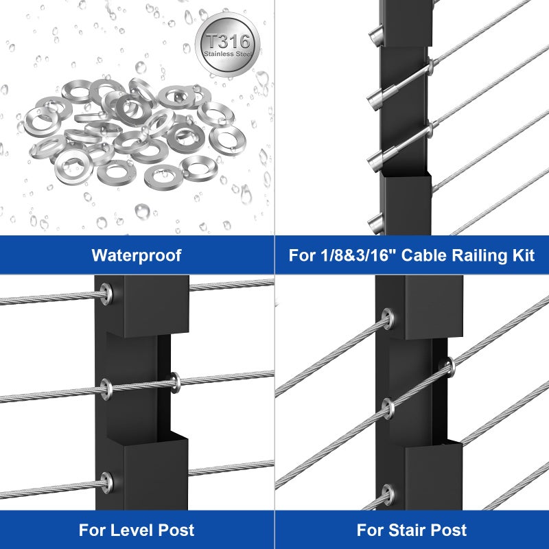 BLIKA 60Pack Cable Railing Adhesive Sleeves for 1/8" 5/32" 3/16" Wire Rope Cable, T316 Stainless Steel, 2.8mm Thickness Cable Railing Protector Adhesive Sleeves for Deck Stair Cable Railing Post Kits - Image 3