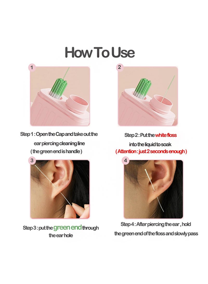 هالونهي منظف ​​ثقب الأذن، منظف ثقب الأذن، مجموعة تنظيف ثقب الأذن مع 240 قطعة من خيط تنظيف ثقب الأذن القابل للاستخدام مرة واحدة ومحلول تنظيف 15 مل (رائحة الورد) - Image 3