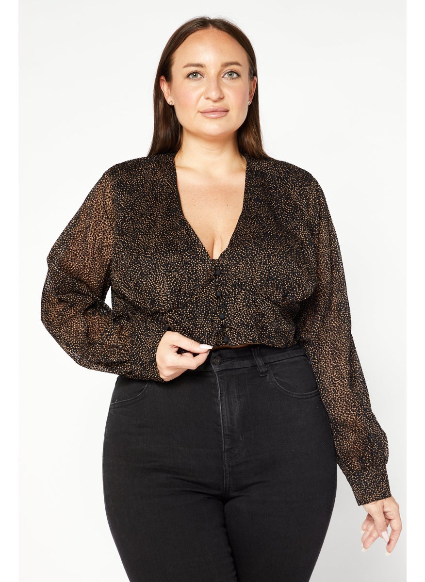 Koco & K Women Plus Size V-Neck Long Sleeves Textured Crop Top, Black  - Image 1