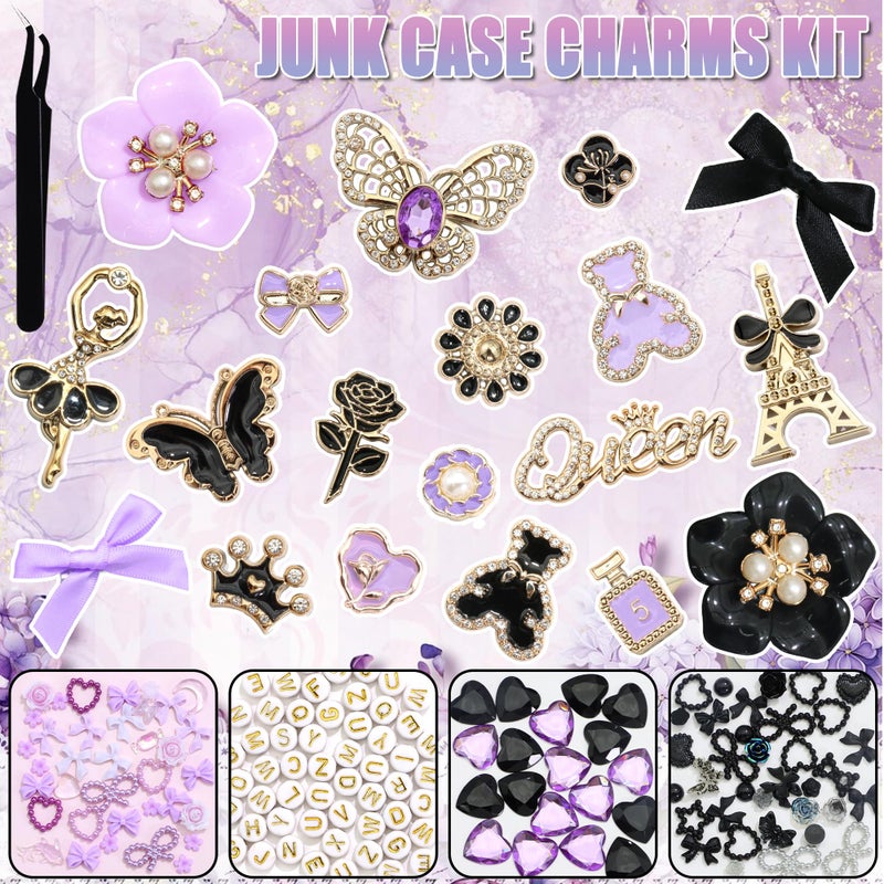 BELICEY Junk Case Charms Gold Black Bow Flower Junk Phone Case Kit Elegant Purple Butterfly Heart Big Charm for Junk Cases 3D Bear Rose Flatback Pearls for Customizing DIY Craft - Image 4