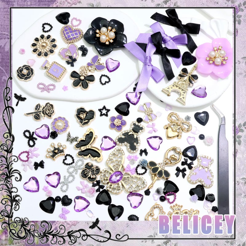 BELICEY Junk Case Charms Gold Black Bow Flower Junk Phone Case Kit Elegant Purple Butterfly Heart Big Charm for Junk Cases 3D Bear Rose Flatback Pearls for Customizing DIY Craft - Image 2