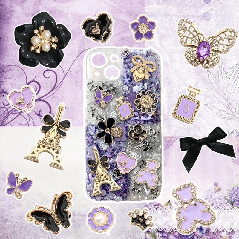 BELICEY Junk Case Charms Gold Black Bow Flower Junk Phone Case Kit Elegant Purple Butterfly Heart Big Charm for Junk Cases 3D Bear Rose Flatback Pearls for Customizing DIY Craft - Image 5