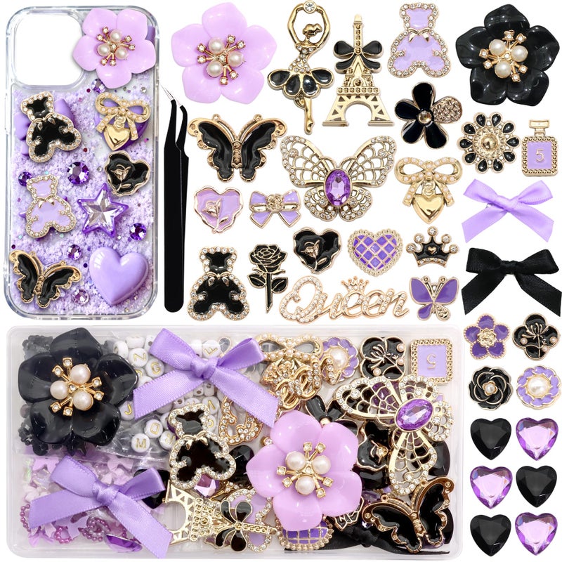BELICEY Junk Case Charms Gold Black Bow Flower Junk Phone Case Kit Elegant Purple Butterfly Heart Big Charm for Junk Cases 3D Bear Rose Flatback Pearls for Customizing DIY Craft - Image 1
