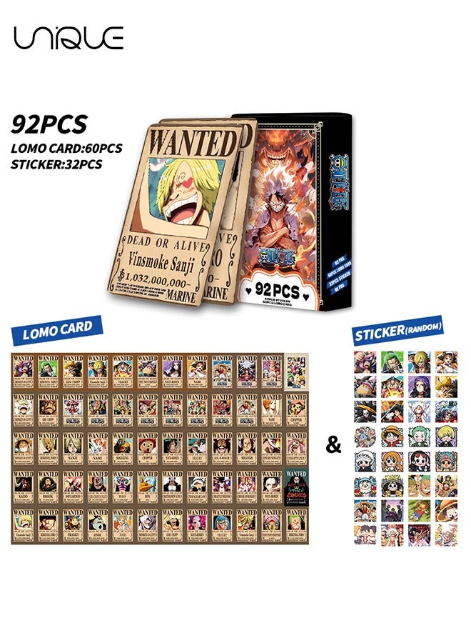 Unique 92 Pcs ONE PIECE Lomo Card - Laser Card - 60Pieces Double-sided LOMO Card - 30 Pcs Random Stickers - HD Color Printed Collector Card Sticker - Photo Card Decoration for Collector Fans - Image 1