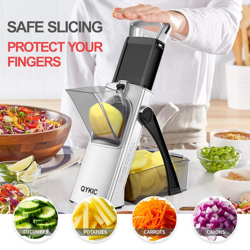 QYKIC Upgrade Safe Mandoline Slicer for Kitchen, Vegetable Chopper Slicer, Potato Slicer Thickness Adjuster, French Fry Cutter, Veggie Onion Dicer Faster Kitchen Mandolin for Meal Prep (White) - Image 2