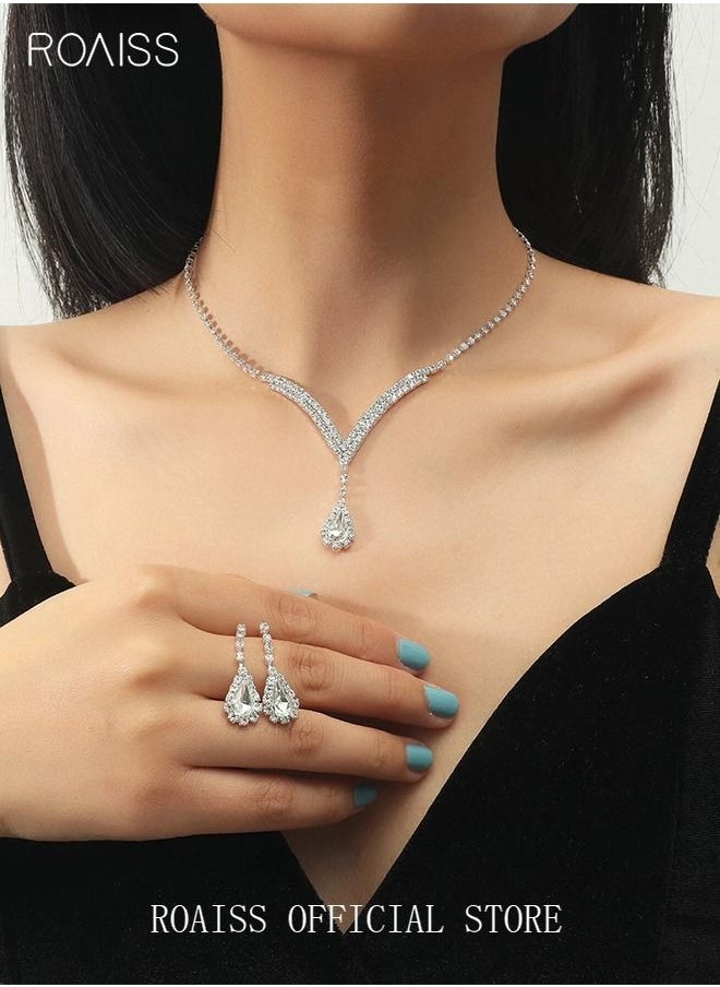 roaiss 3 Pcs Rhinestone Necklace Earrings Set Drop-shaped Pendant V-neck Chain Ear Dangle Bridal Evening Dress Accessories for Women Silver/Clear  - Image 1