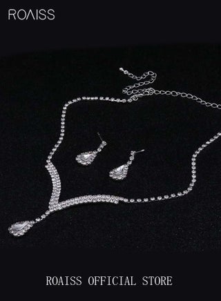 Ladies 3 PCS Jewelry Set Rhinestone Necklace Earrings Set Drop-Shaped Pendant V-Neck Chain Ear Dangle Bridal Evening Dress Accessories for Women Silver/Clear - view 4