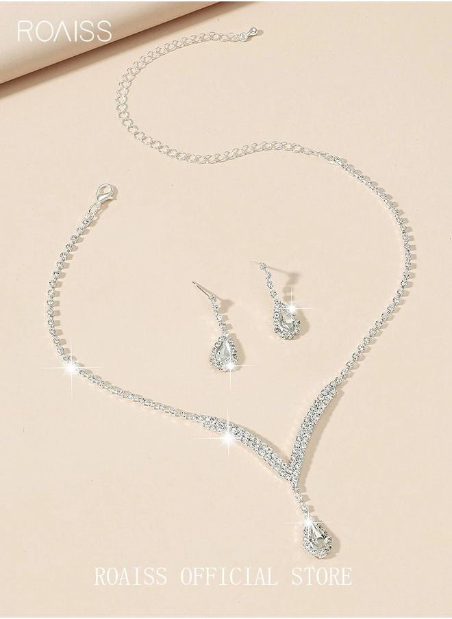 roaiss 3 Pcs Rhinestone Necklace Earrings Set Drop-shaped Pendant V-neck Chain Ear Dangle Bridal Evening Dress Accessories for Women Silver/Clear  - Image 2