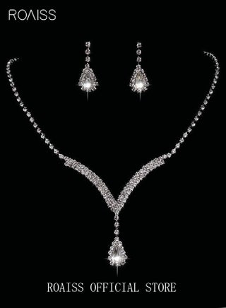 Ladies 3 PCS Jewelry Set Rhinestone Necklace Earrings Set Drop-Shaped Pendant V-Neck Chain Ear Dangle Bridal Evening Dress Accessories for Women Silver/Clear - view 3