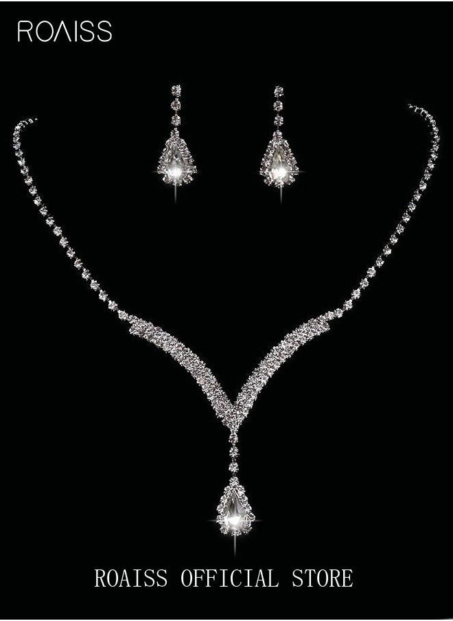 roaiss 3 Pcs Rhinestone Necklace Earrings Set Drop-shaped Pendant V-neck Chain Ear Dangle Bridal Evening Dress Accessories for Women Silver/Clear  - Image 3