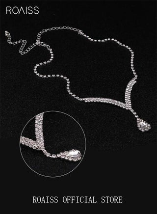 Ladies 3 PCS Jewelry Set Rhinestone Necklace Earrings Set Drop-Shaped Pendant V-Neck Chain Ear Dangle Bridal Evening Dress Accessories for Women Silver/Clear - view 5