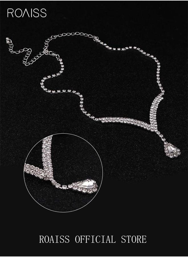 roaiss 3 Pcs Rhinestone Necklace Earrings Set Drop-shaped Pendant V-neck Chain Ear Dangle Bridal Evening Dress Accessories for Women Silver/Clear  - Image 5