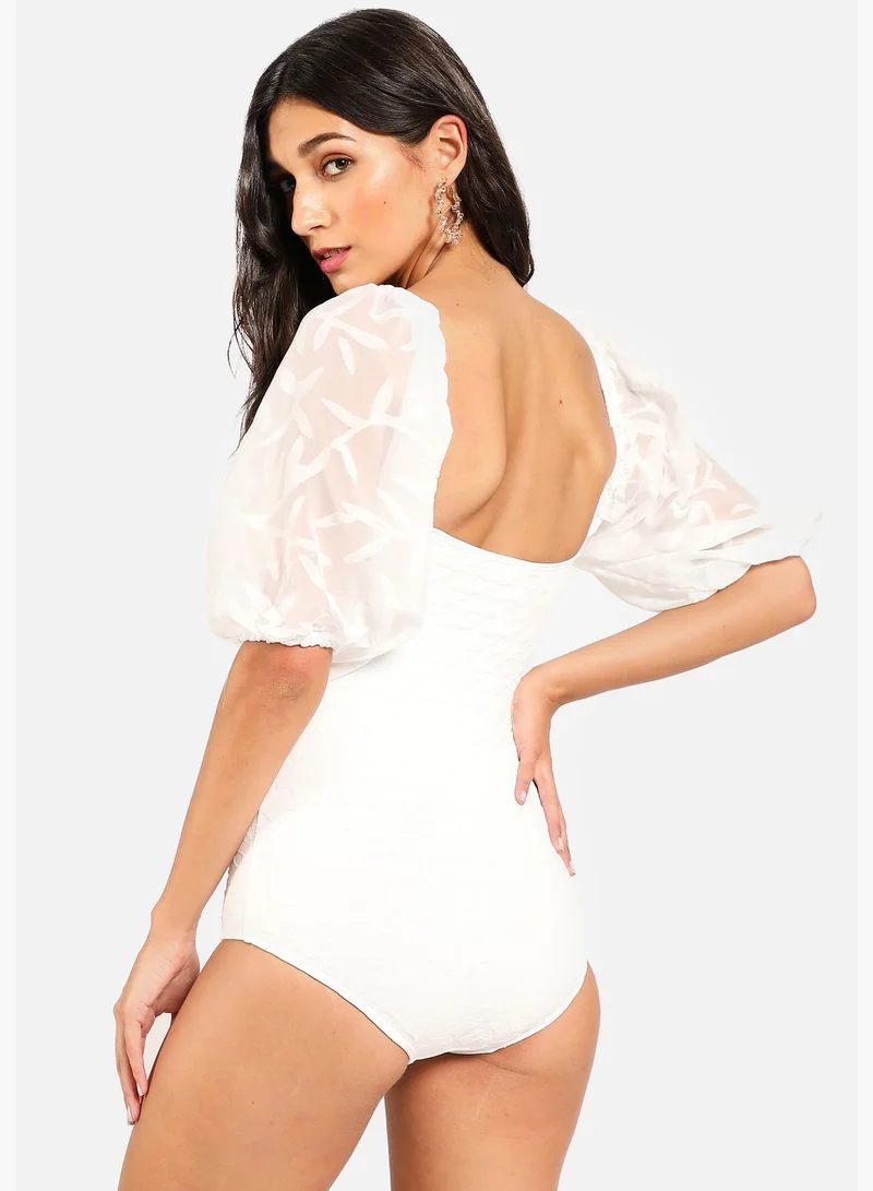Haute Sauce Plunge Neck Puffed One Piece Swimsuit