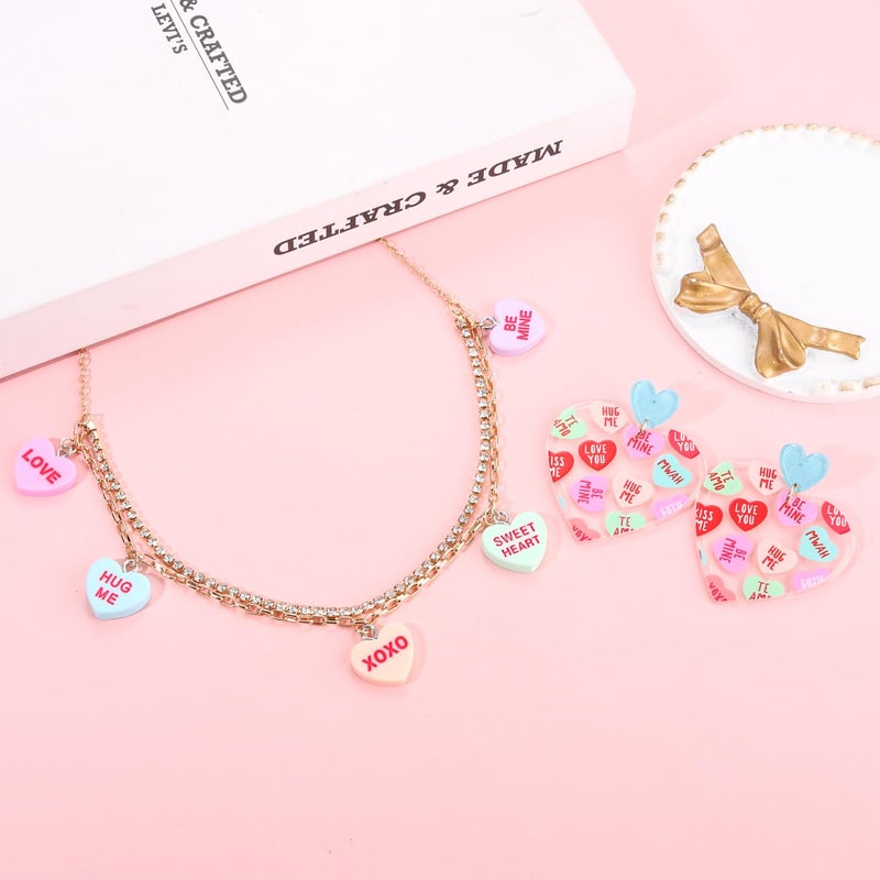 BVGA Valentine's Day Conversation Heart Statement Necklace and Earrings Set for Women - Holiday XOXO Love Candy Pendant, Rhinestone Choker, Layered Necklace - Image 4