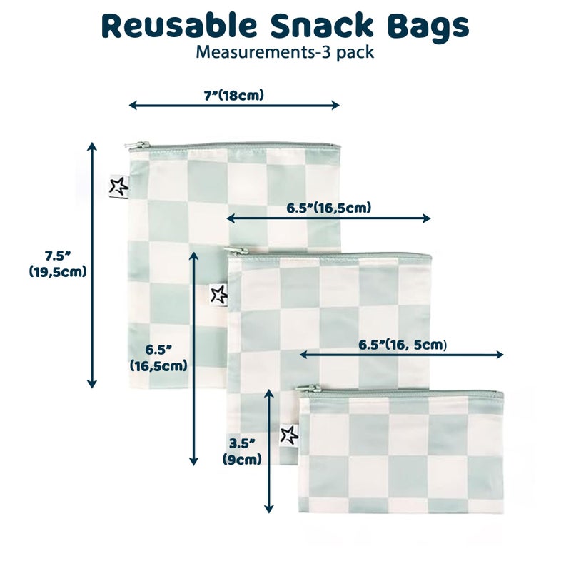 Tiny Twinkle 3 Pack Reusable Snack Bags - Machine Washable, PFAS, PVC, BPA, Phthalate-Free Reusable Baby and Toddler Food Safe Snack Bags (Sage Checkers) - Image 2