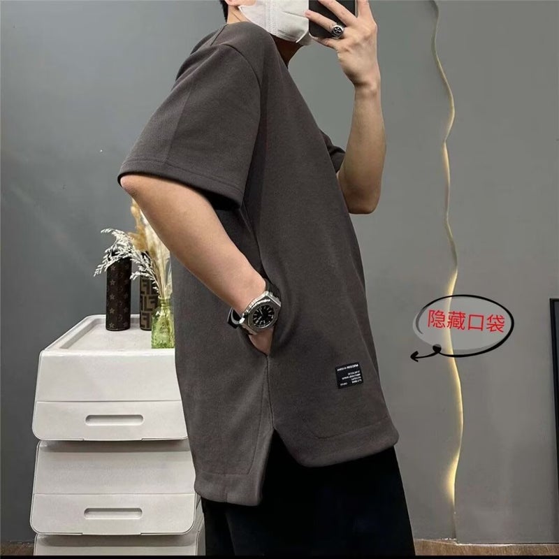 Short-Sleeved T-Shirt Men'S Summer Fat Trendy Loose Hidden Flap Pocket Pants Plus Size Men'S Half-Sleeved Versatile Clothes - Image 1