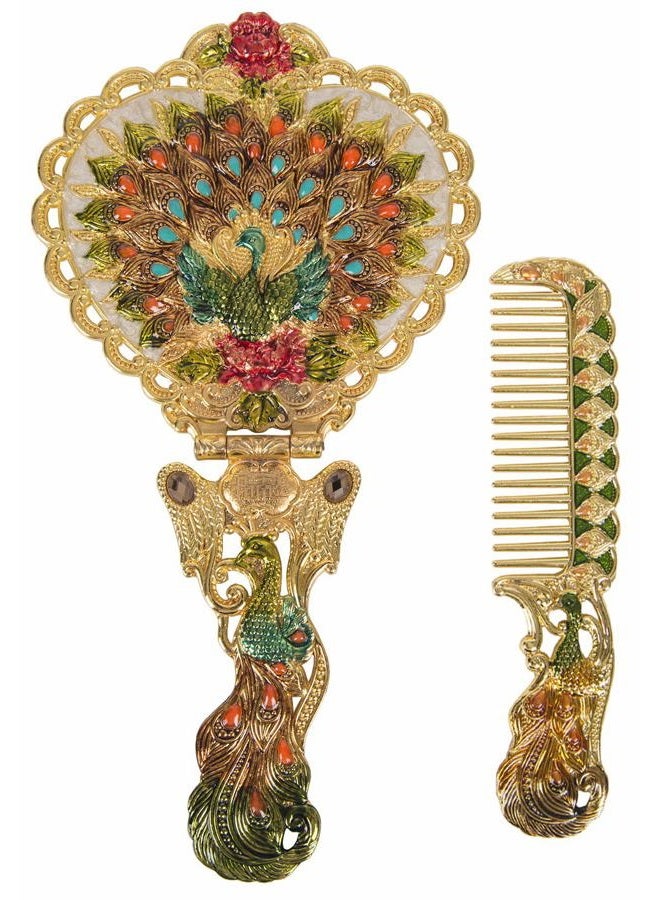 Nerien Antique Mirror Comb Set - Vintage Metal Embossed Rose Handheld & Tabletop Stand Makeup Mirror - Peacock Heart-Shaped - Gold - Image 1
