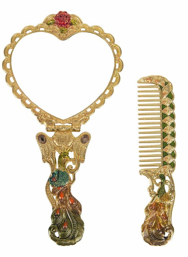 Nerien Antique Mirror Comb Set - Vintage Metal Embossed Rose Handheld & Tabletop Stand Makeup Mirror - Peacock Heart-Shaped - Gold - Image 3