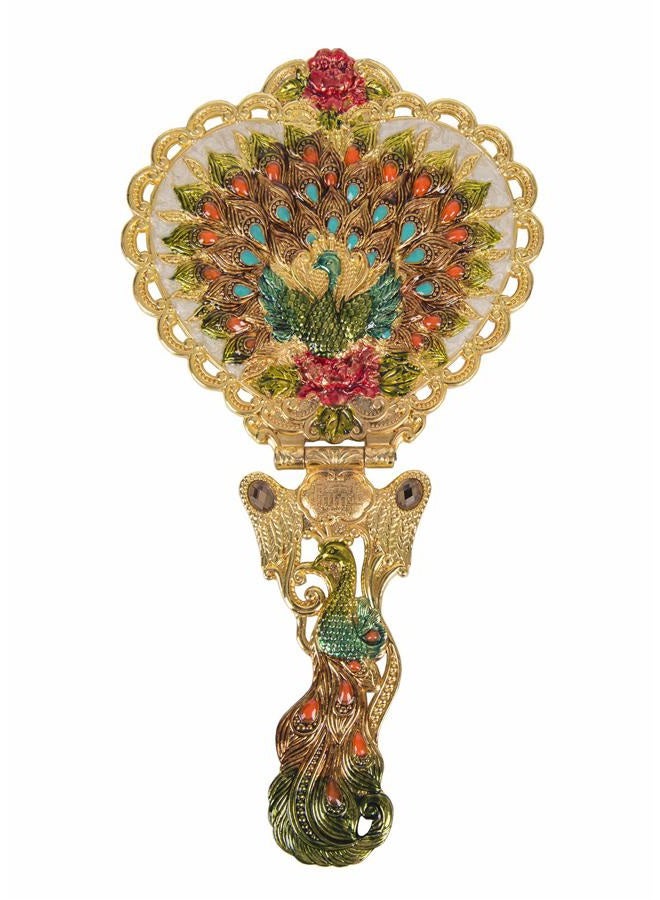 Nerien Antique Mirror Comb Set - Vintage Metal Embossed Rose Handheld & Tabletop Stand Makeup Mirror - Peacock Heart-Shaped - Gold - Image 2