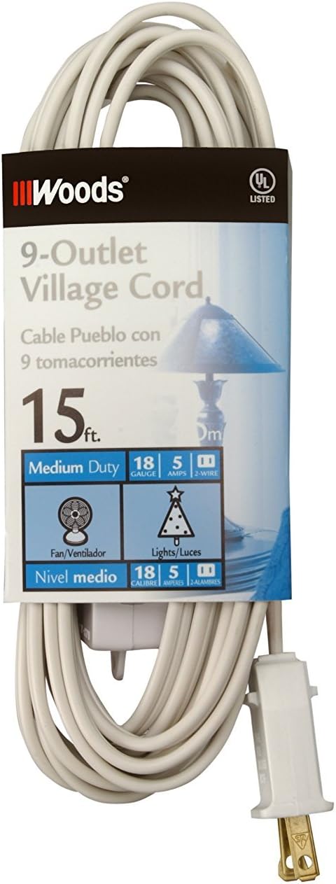 Woods Light Duty Extension Cord 15Ft 182 SPT2 Indoor Household Cord 9 Outlets White 2188 - Image 1