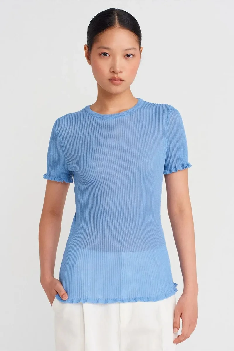 DILVIN Slim Fit Ribbed Frill Blouse